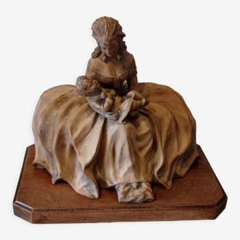 Sculpture signed terracotta woman and child