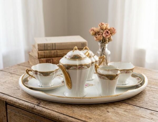 Service à café et thé tête à tête et son plateau en  porcelaine de Limoges