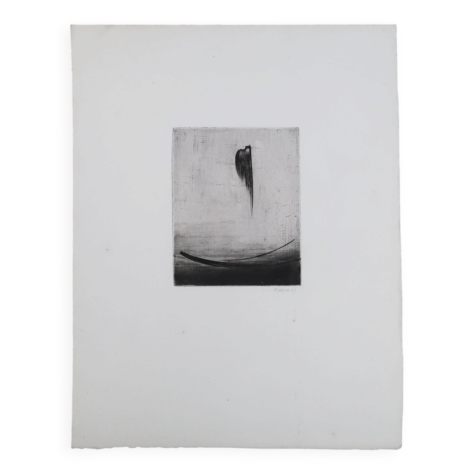 Gravure abstraite minimaliste en noir et blanc de Terry Haass, années 60