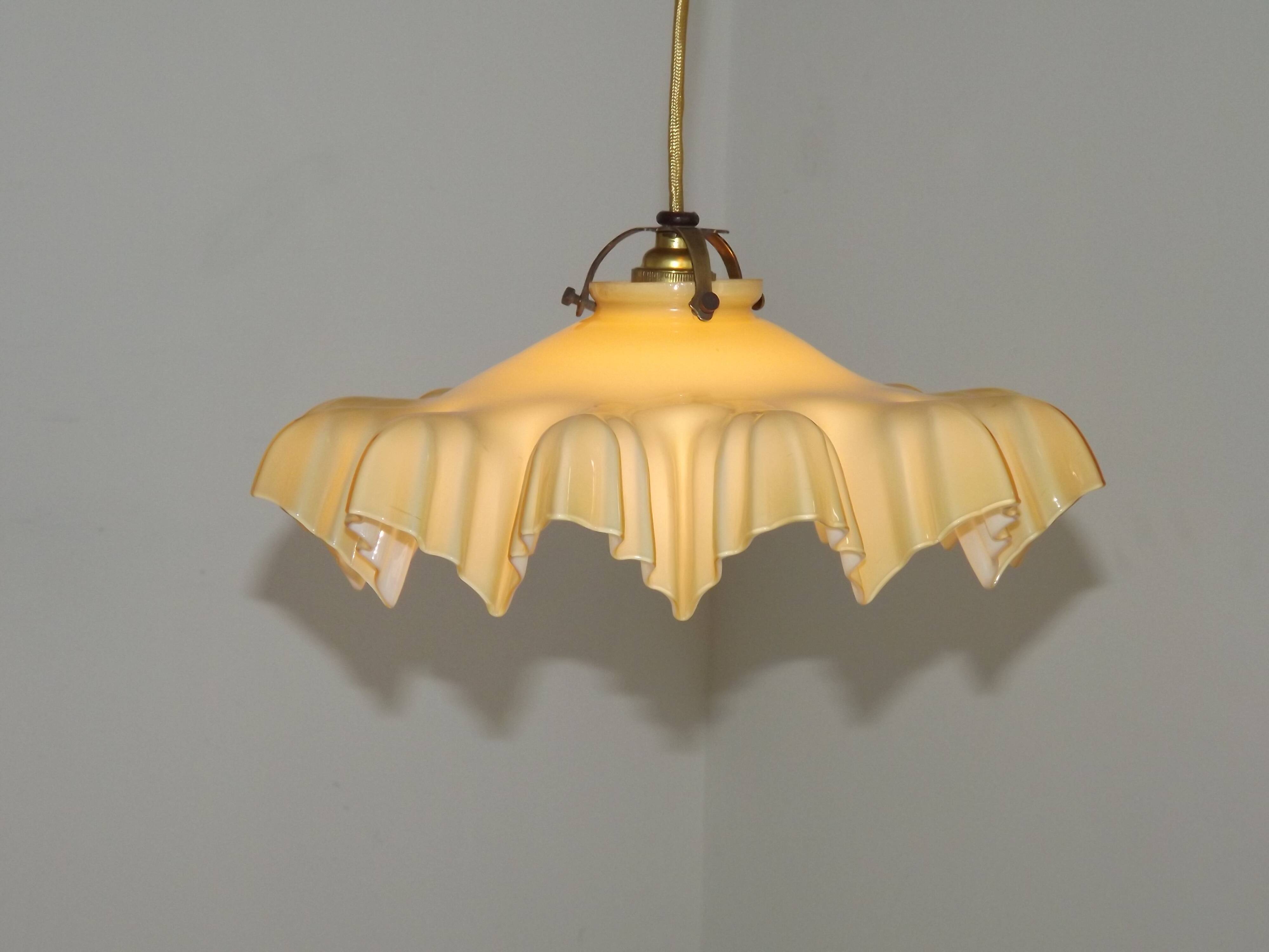 Vintage French Art Deco Yellow & White Glass Pendant Light Frilled 5495