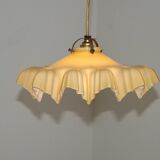 Vintage French Art Deco Yellow & White Glass Pendant Light Frilled 5495