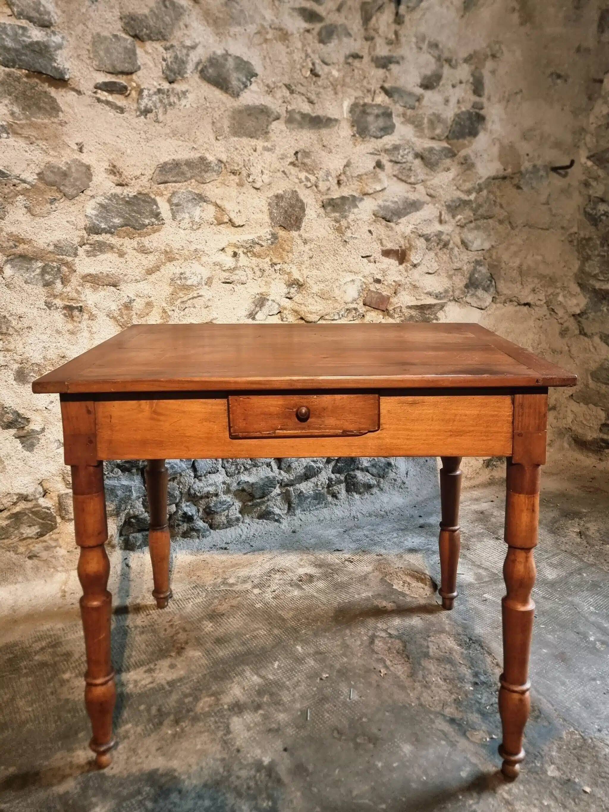 French vintage side table in cherry wood with a drawer.