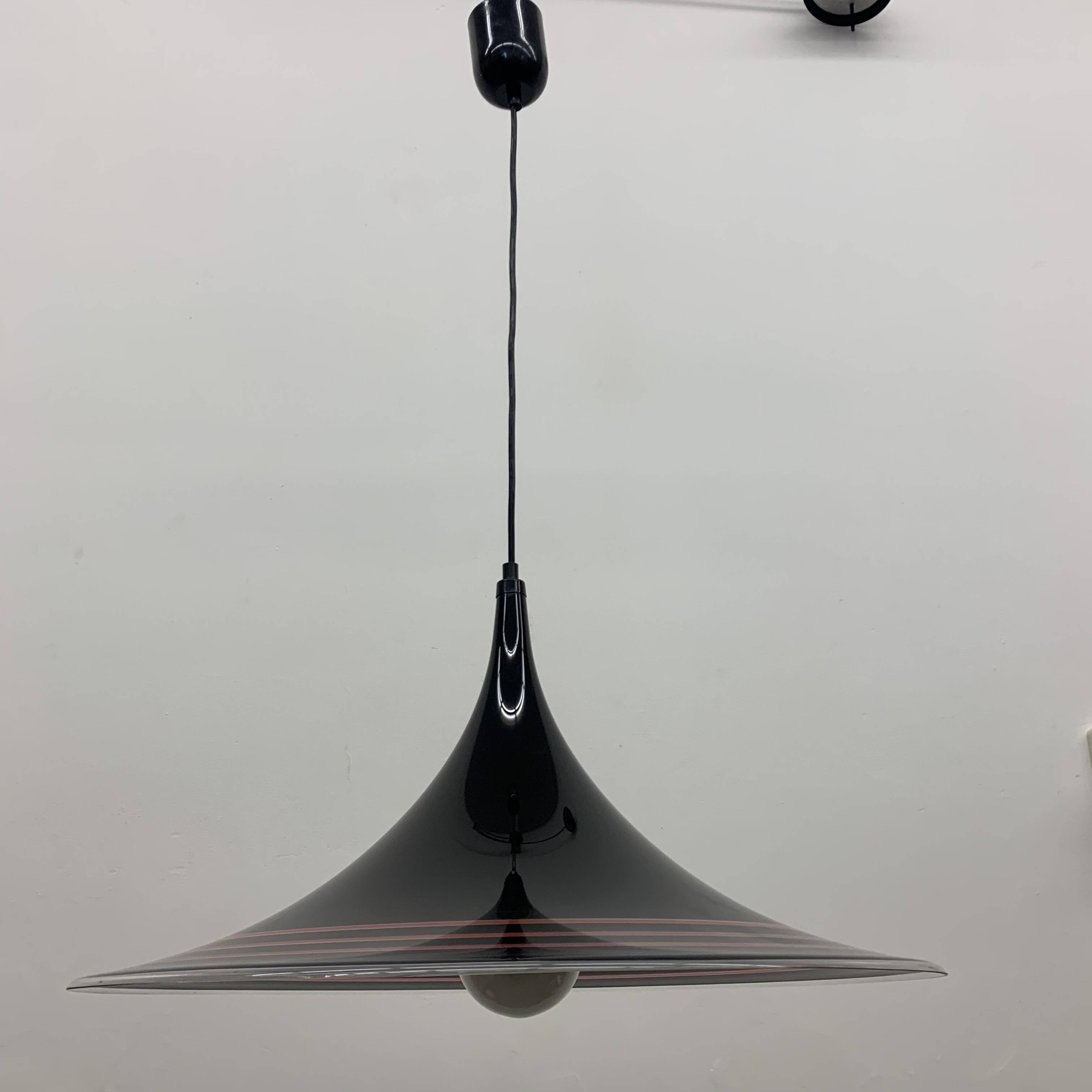 Vintage plastic meblo guzzini black trumpet hanging lamp , 1980’s
