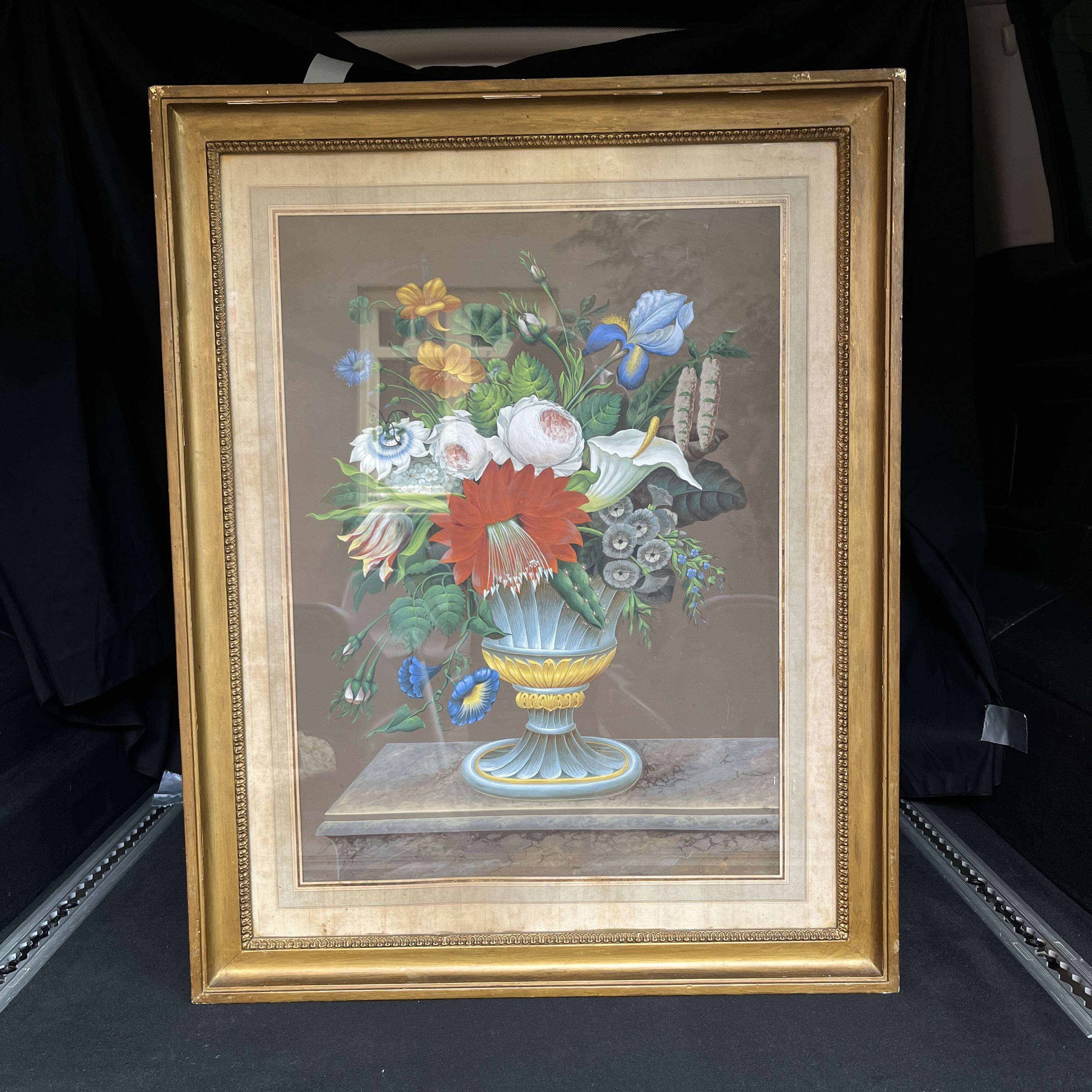 “Bouquet of flowers” still life painting in Neo Classical style, gouache on paper, ca 1830