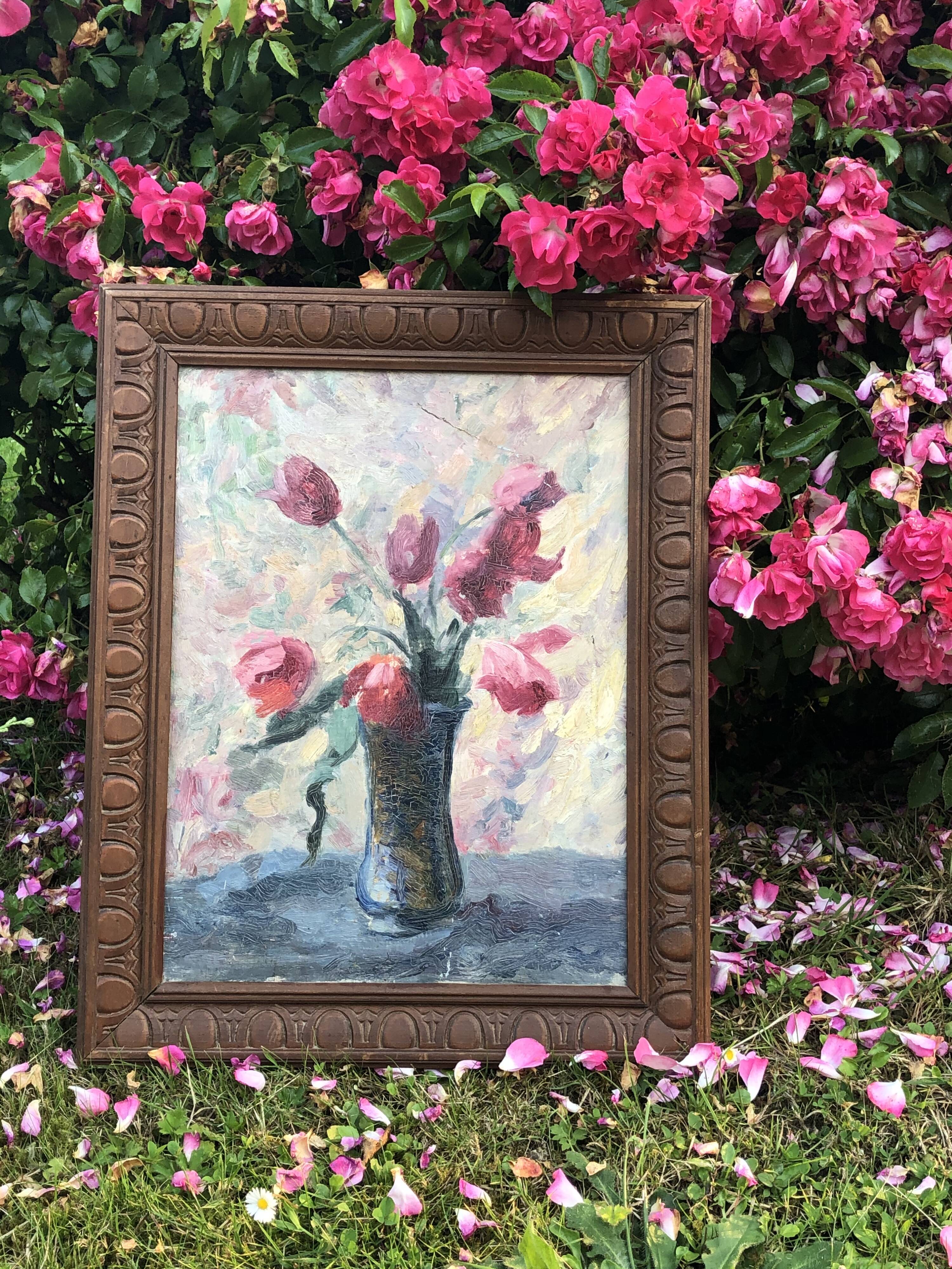 Huile sur panneau vintage dans un cadre sculpté en bois,"bouquet de tulipes", XXème