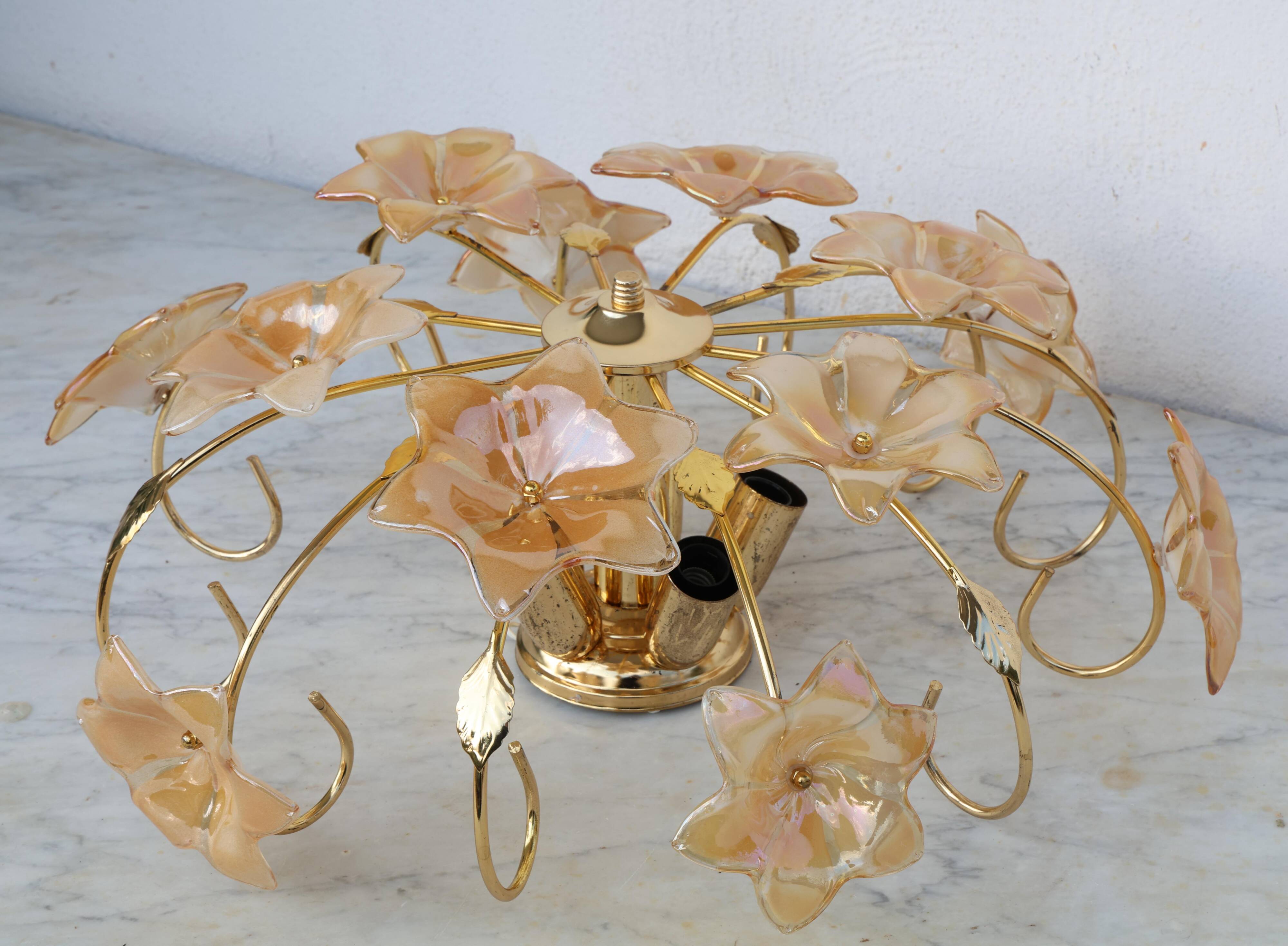 Murano Vintage Ceiling Light Orange Iridescent Flowers, 1970s