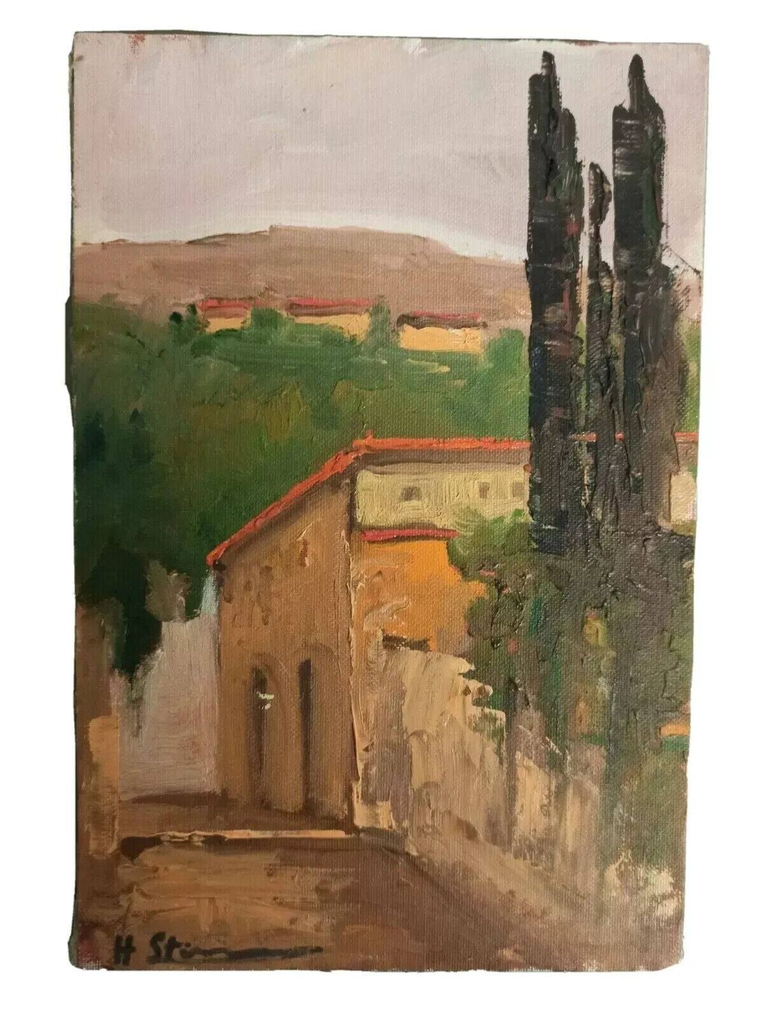 Oil painting on cardboard H. Stilmann Tuscan landscape 1950s