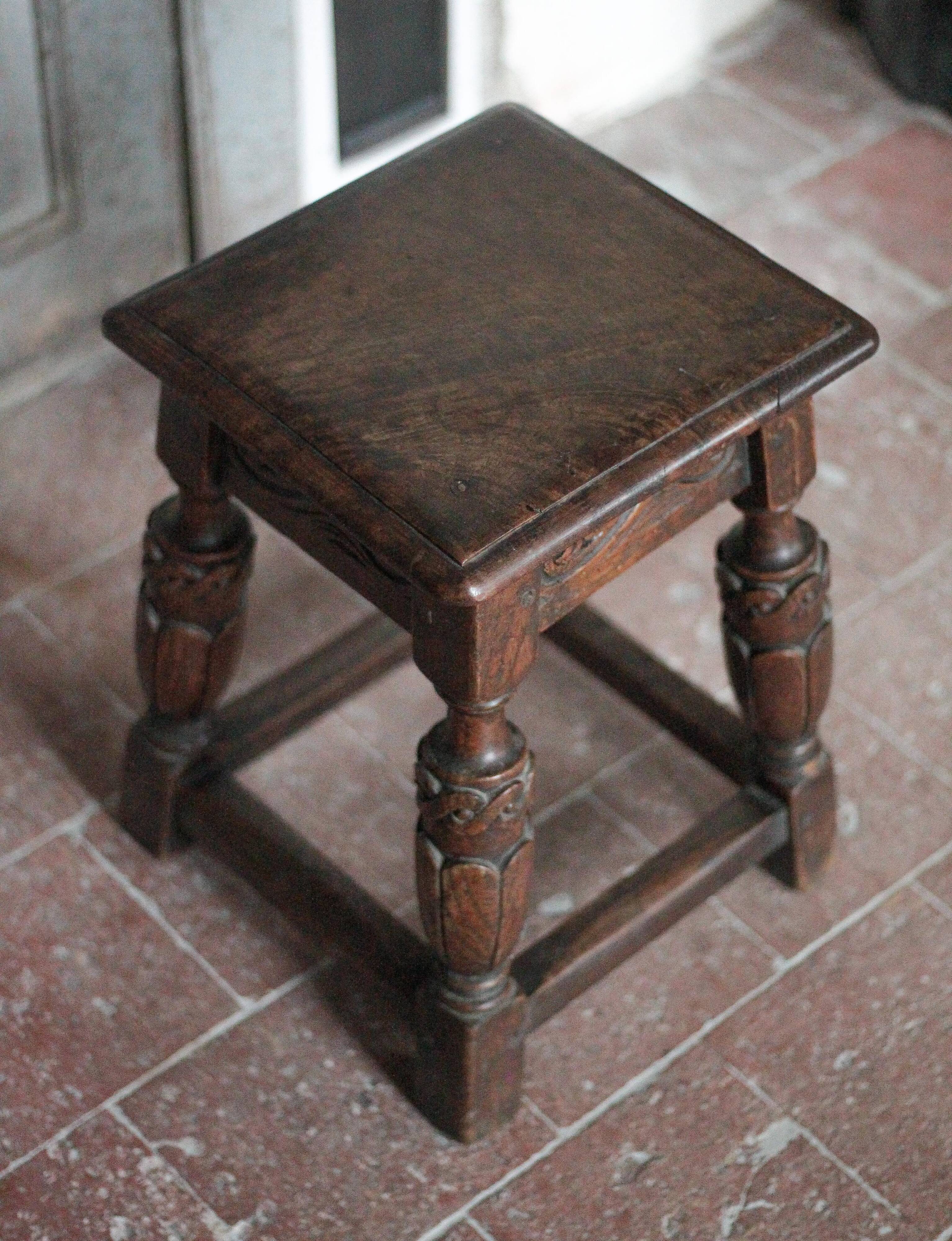 Antique wooden stool in Elizabethan English style, occasional stool
