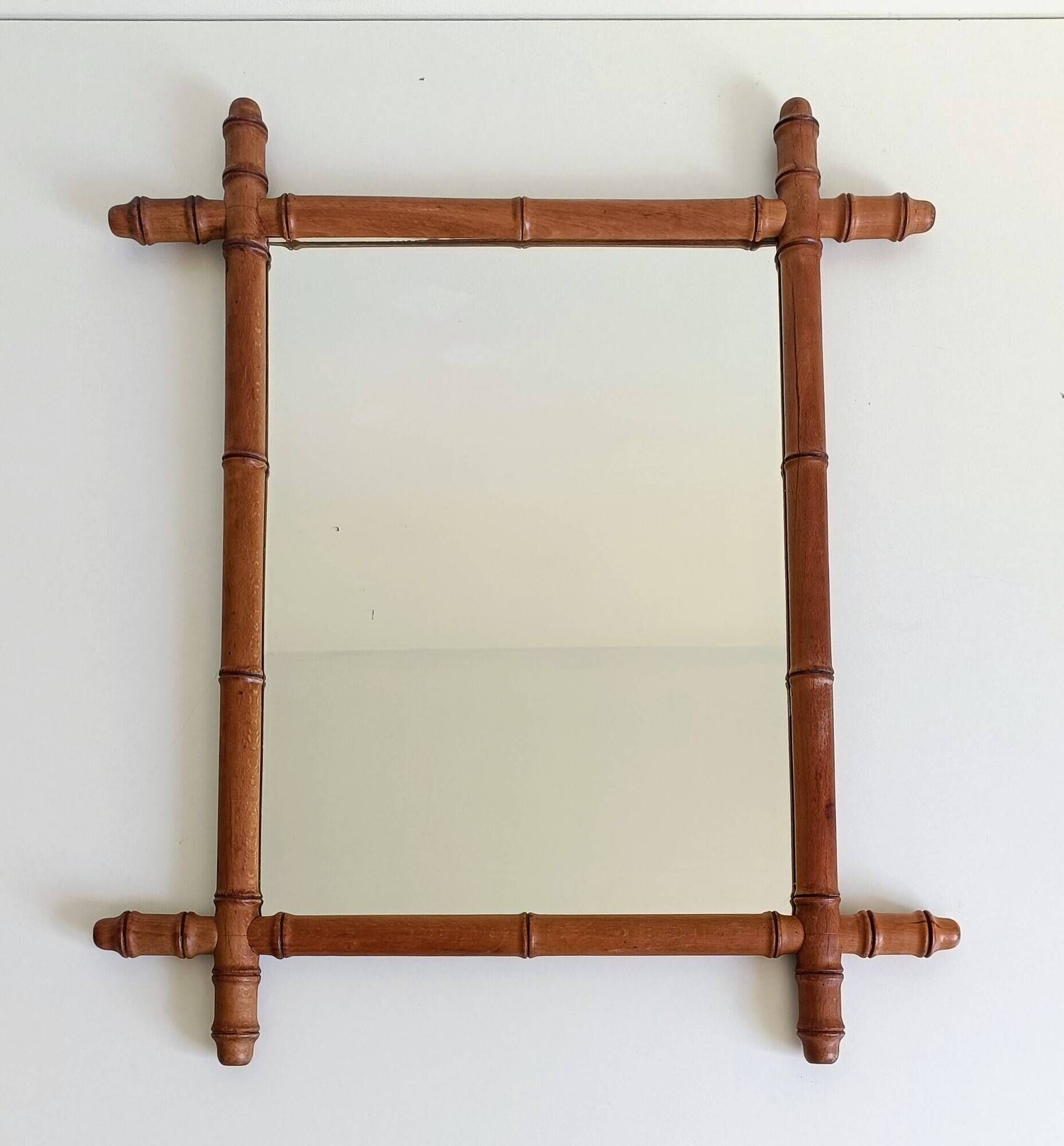 Art Nouveau Faux Bamboo Mirror, 65cm / 25.8", Handmade, Wood, C. 1900
