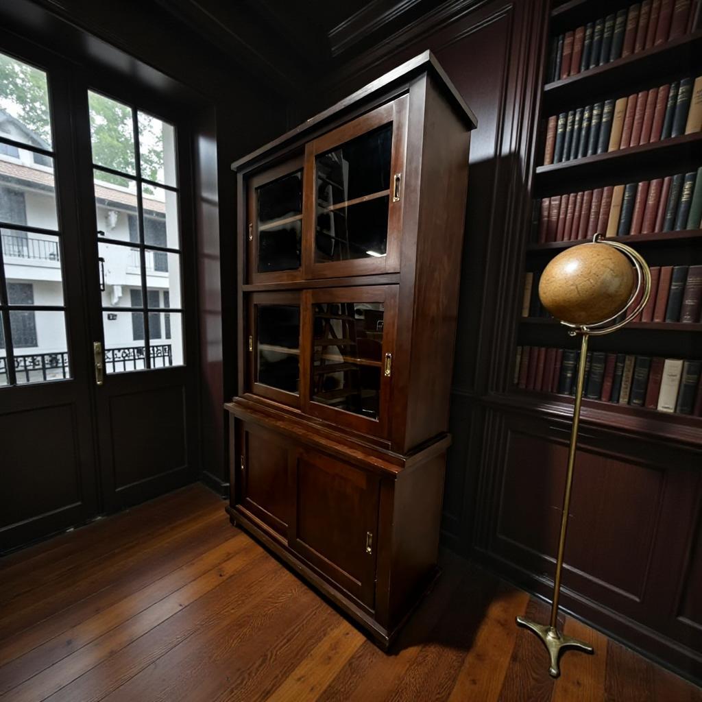 Vintage wooden display cabinet with sliding doors.