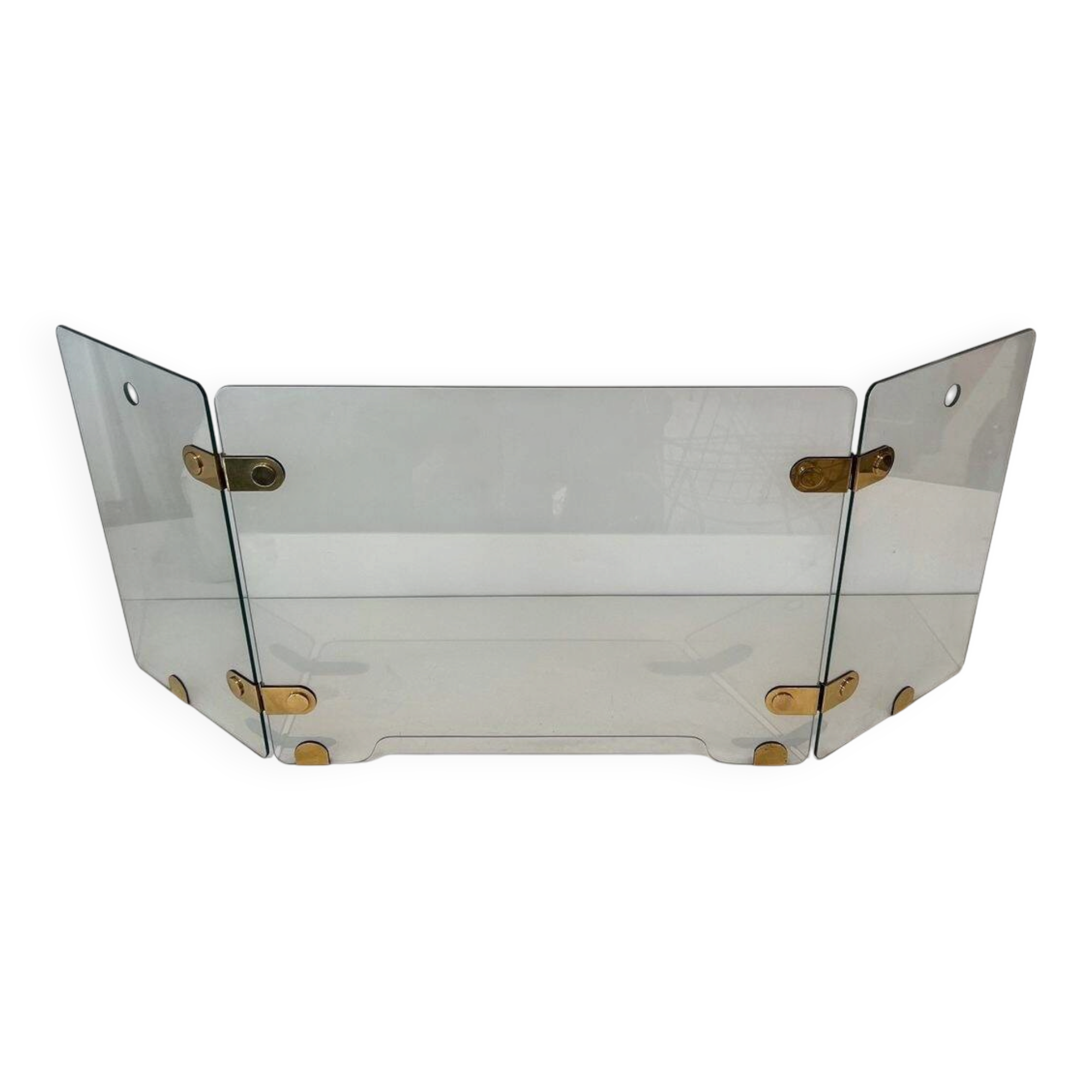 Three-Panel Folding Fire Screen with Clear Glass and Brass Hinges Ova