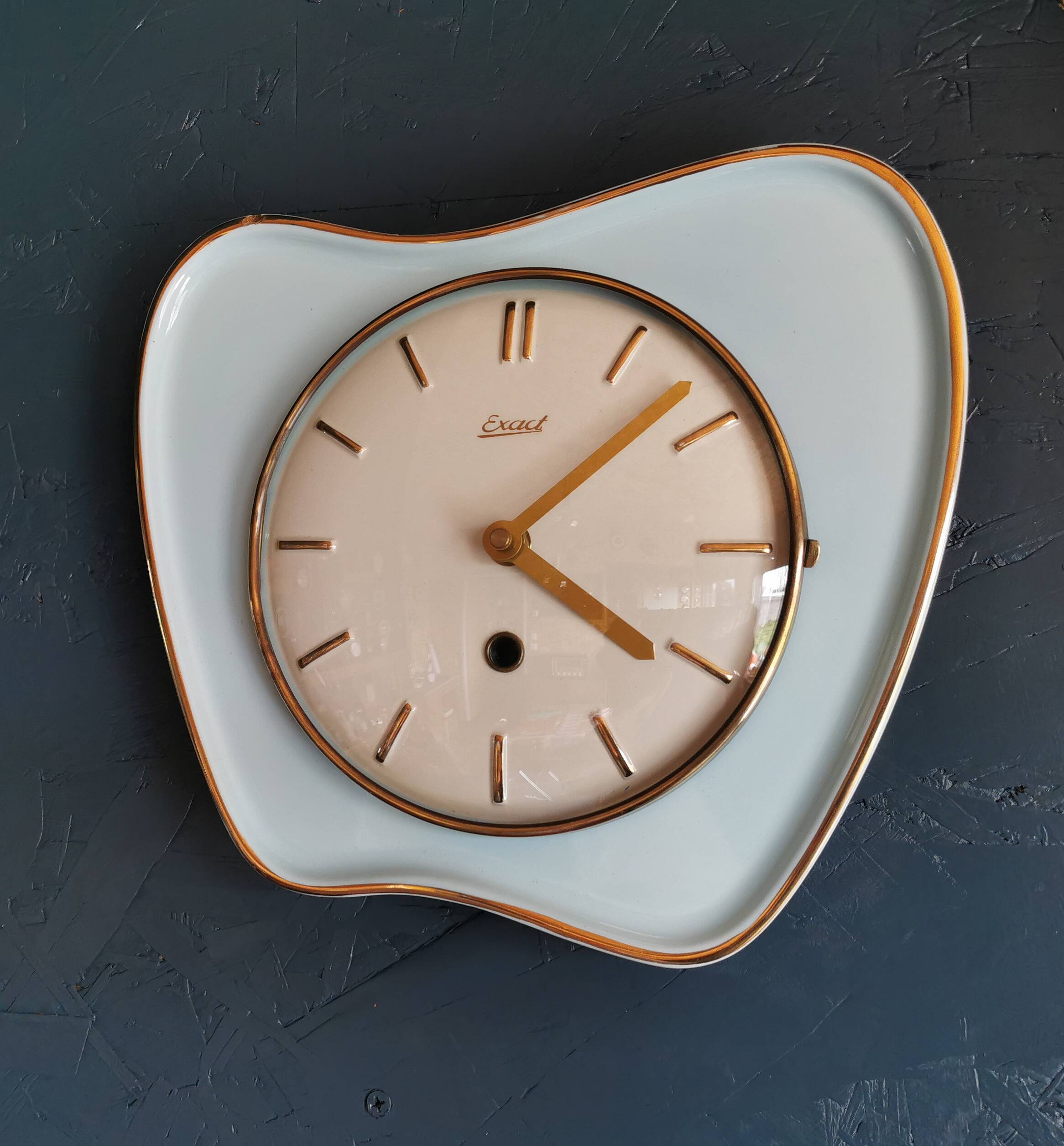 Vintage ceramic clock silent wall pendulum "Exact golden blue"