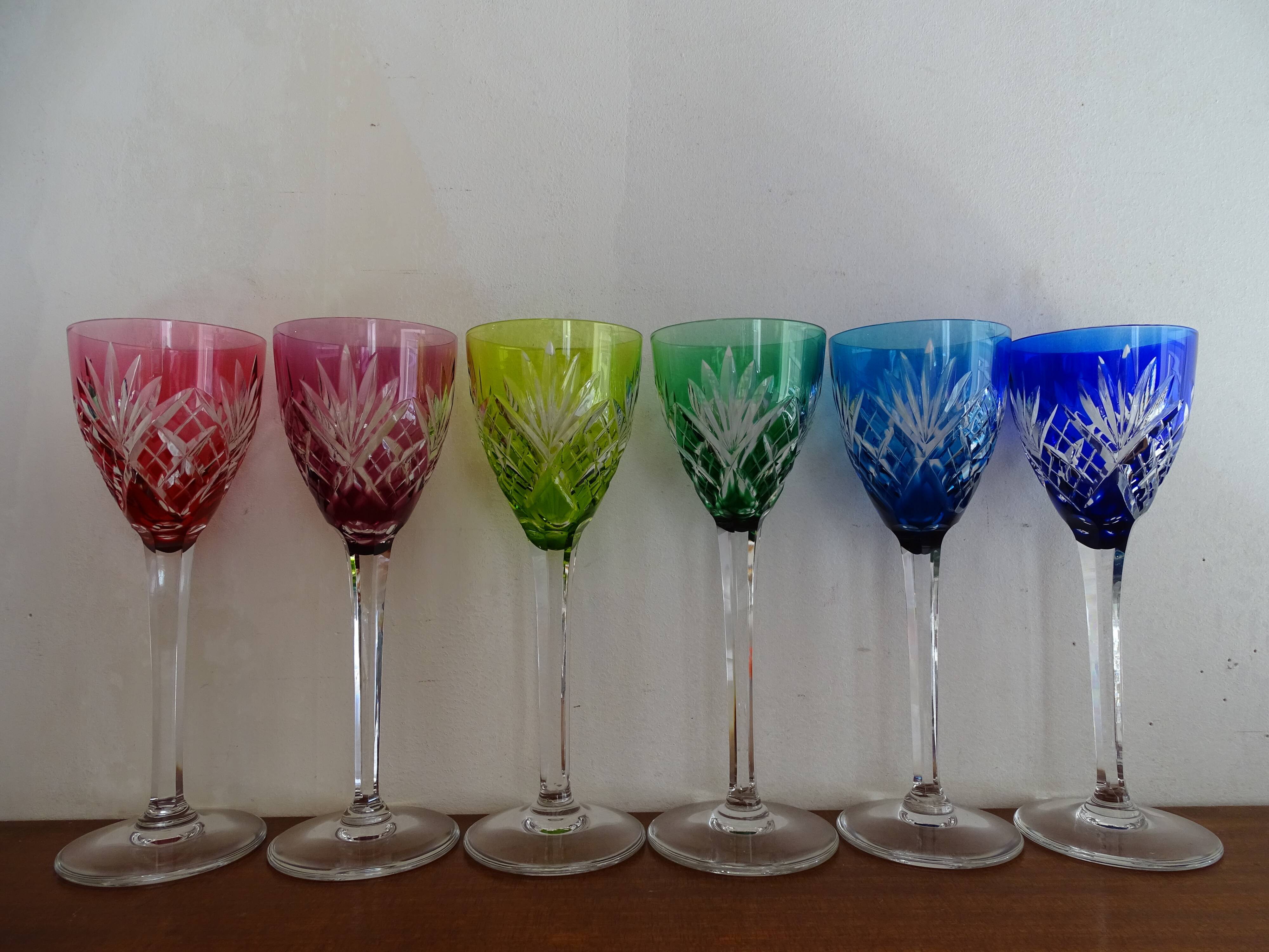 6 Roemer Saint Louis wine glasses in colored lined cut crystal signed