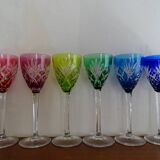 6 Roemer Saint Louis wine glasses in colored lined cut crystal signed