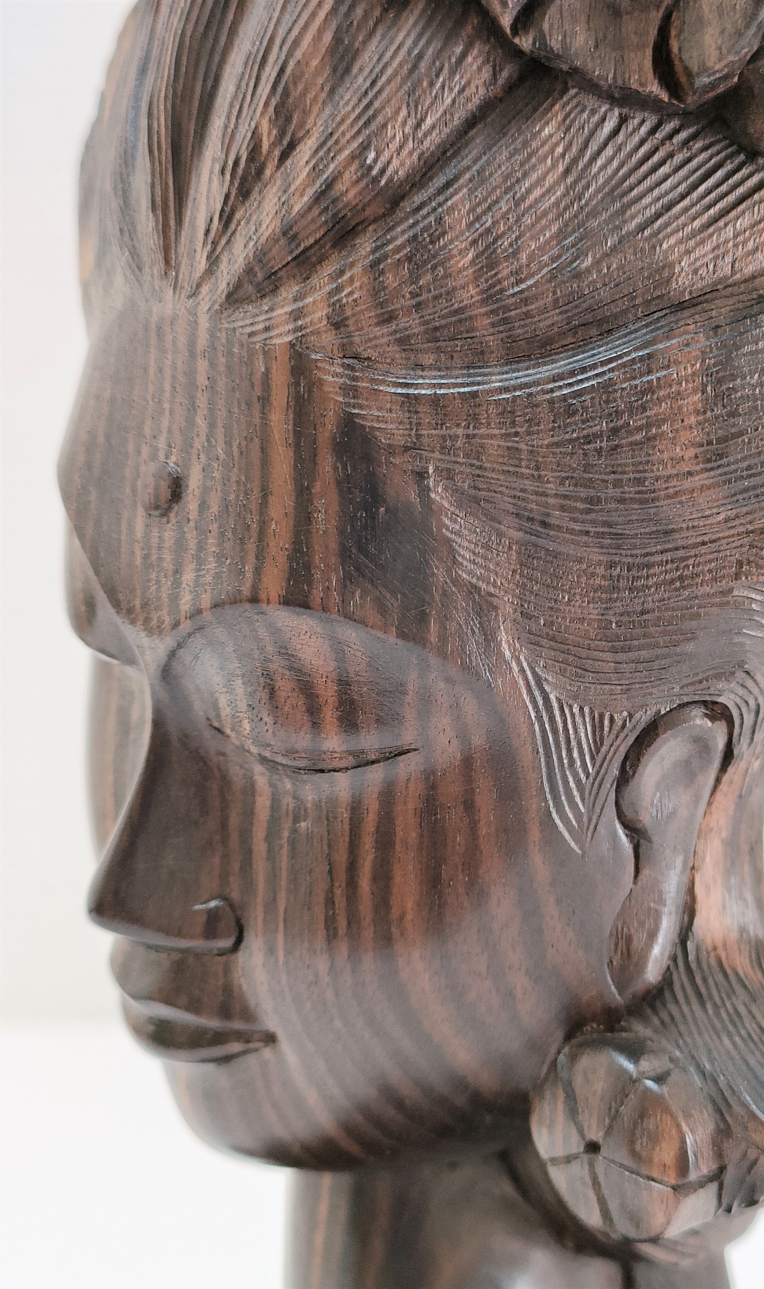 Wooden bust of woman with floral headdress sculptural work of the 60s-70s