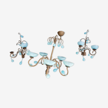 Murano glass chandelier suspension and its 2 sconces