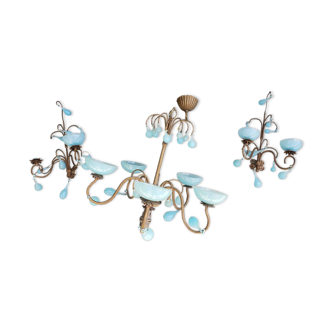 Murano glass chandelier suspension and its 2 wall lights