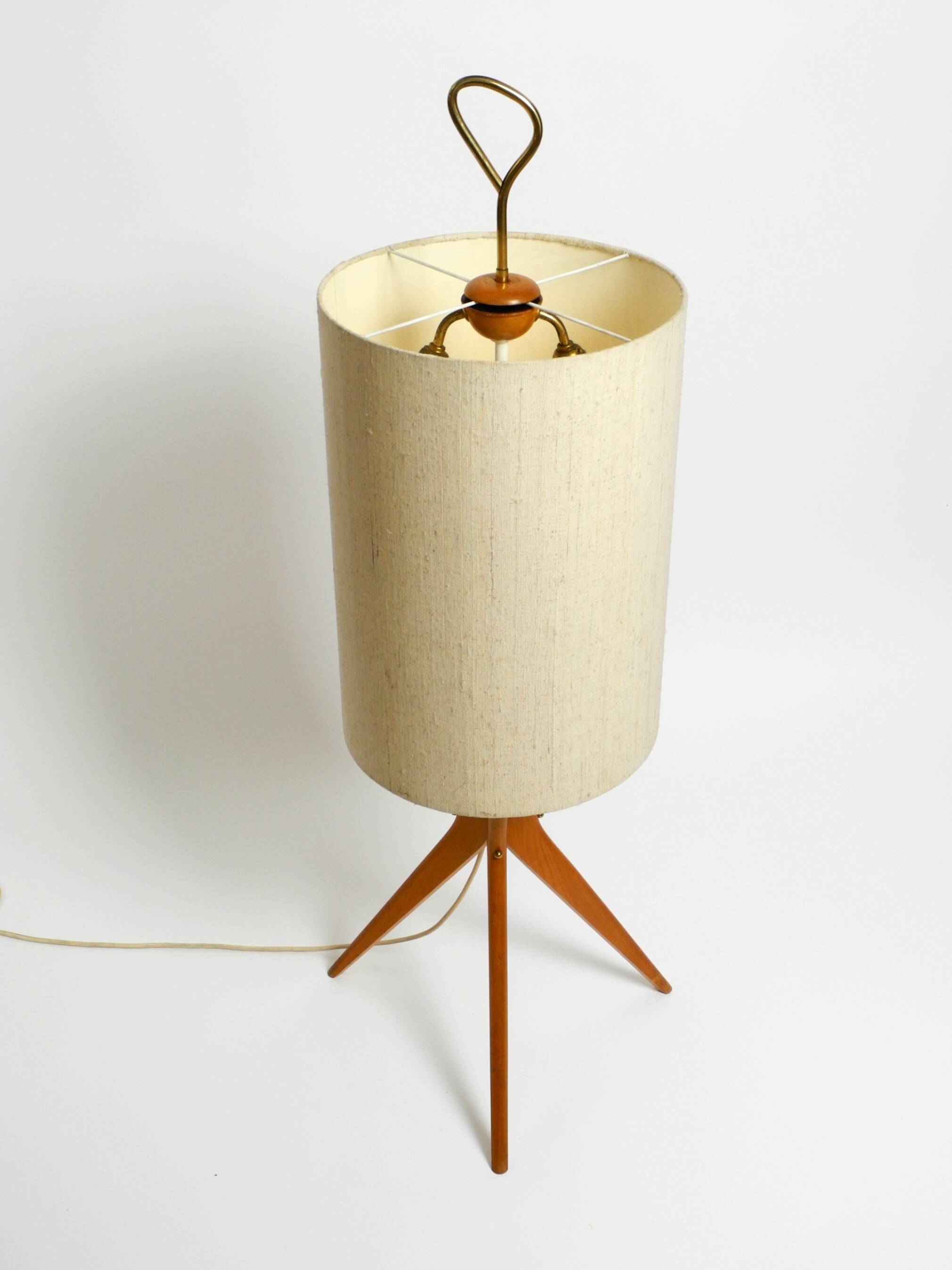 Mid Century Modern tripod walnut wood floor lamp with large fabric shade