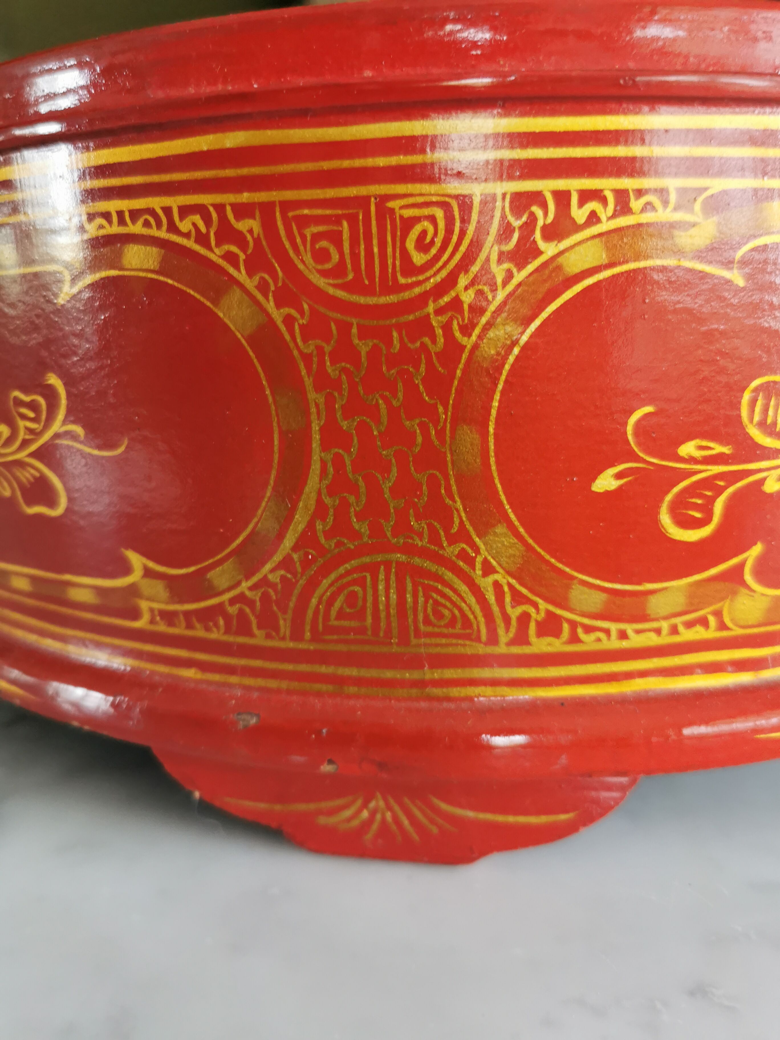 Old Asian wooden round box in lasca