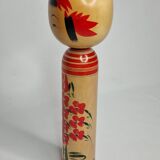 Traditional Japanese Kokeshi Doll Signed Hand Painted with Flower Decor, 31cm