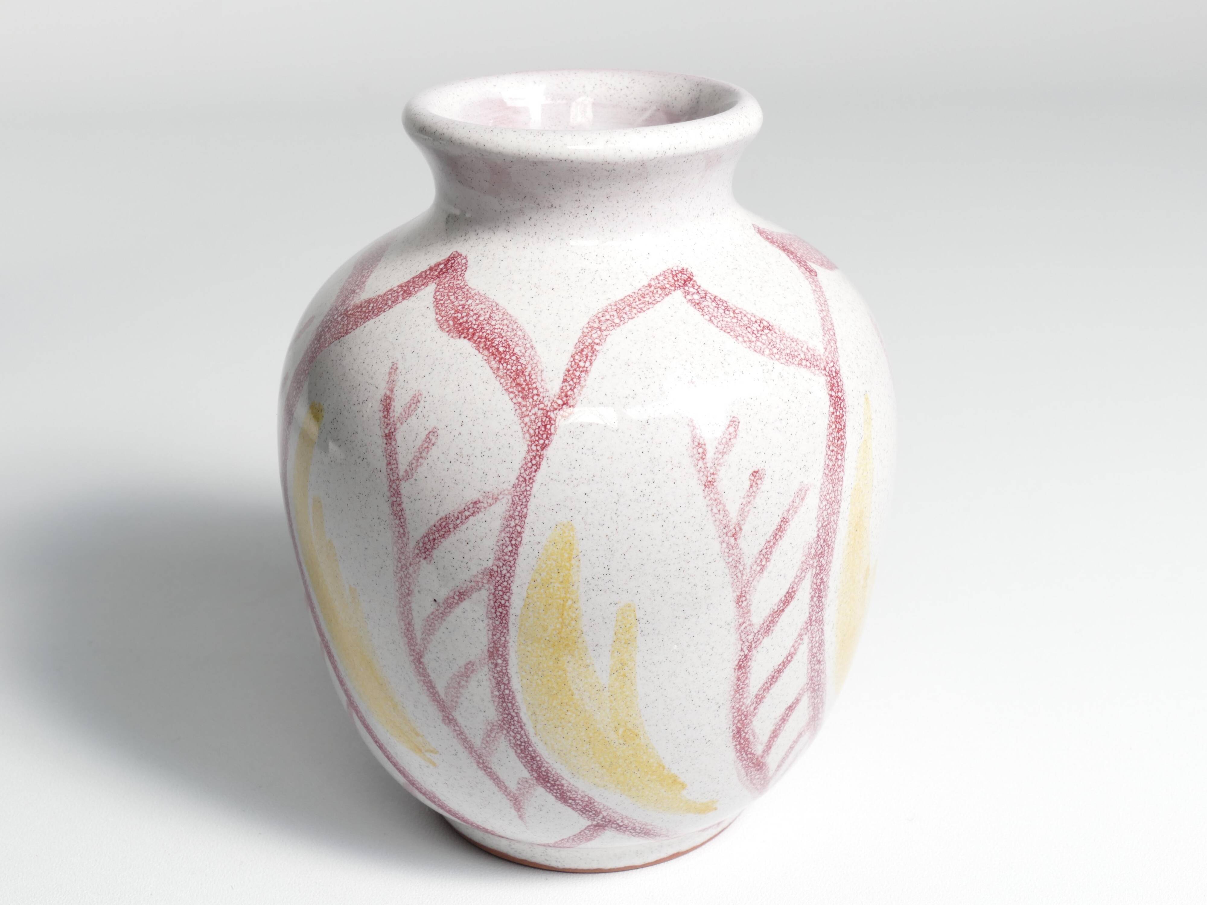Scandinavian Modern Ceramic Vase with Red & Yellow Leaves, Alingsås Keramik 1947