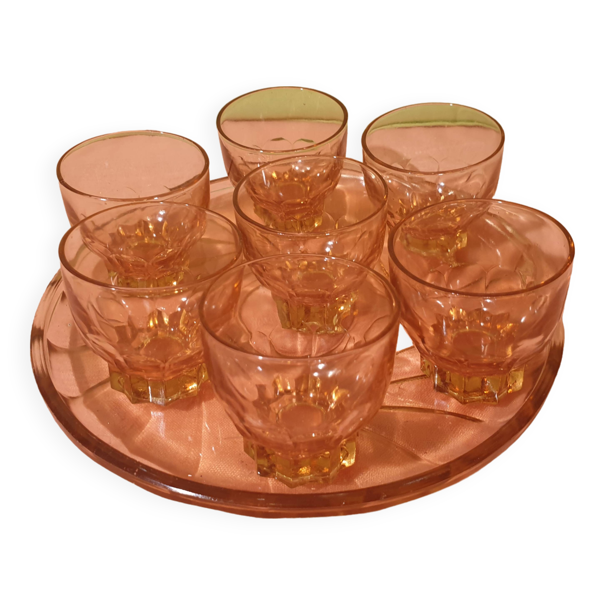 Art Deco pink glass tray and 7 glasses Made in France