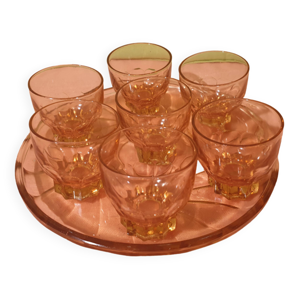 Plateau verre rose Art Deco et 7 verres Made in France