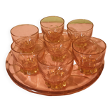 Art Deco pink glass tray and 7 glasses Made in France