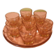 Plateau verre rose Art Deco et 7 verres Made in France