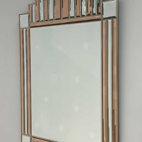 Art Deco style peach & clear bevelled mirror with brass frame, 1980s