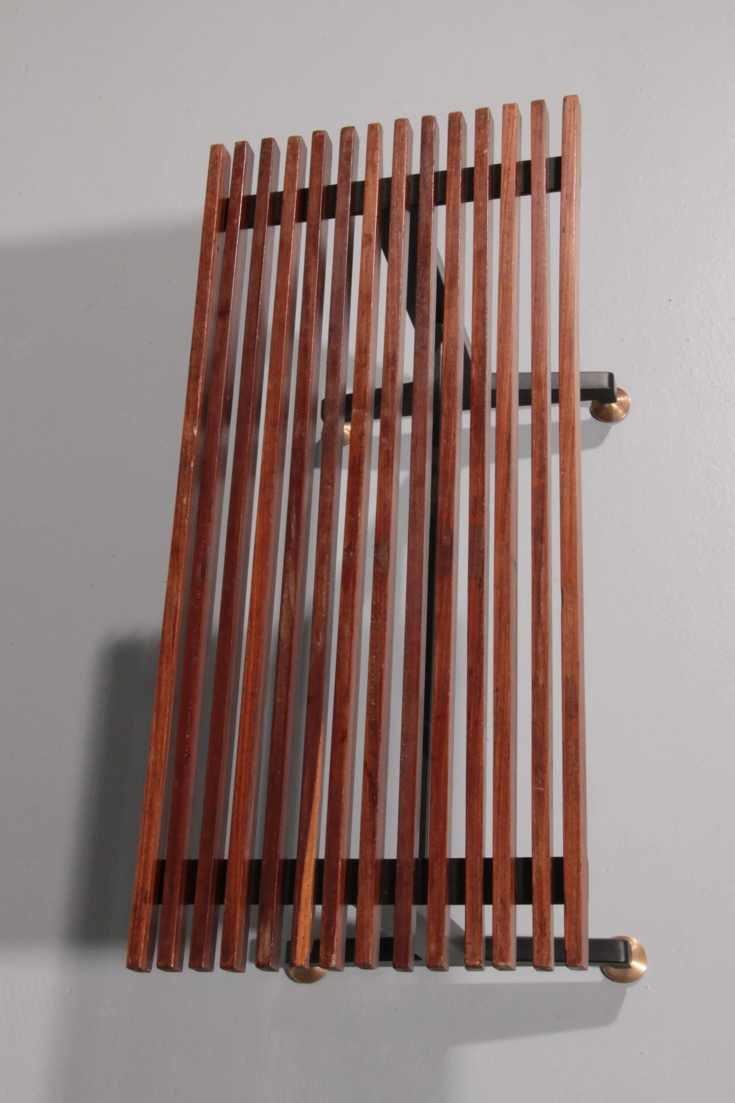 Mid-century Italian bench 1960s with black metal frame, gilded brass legs and solid teak slats