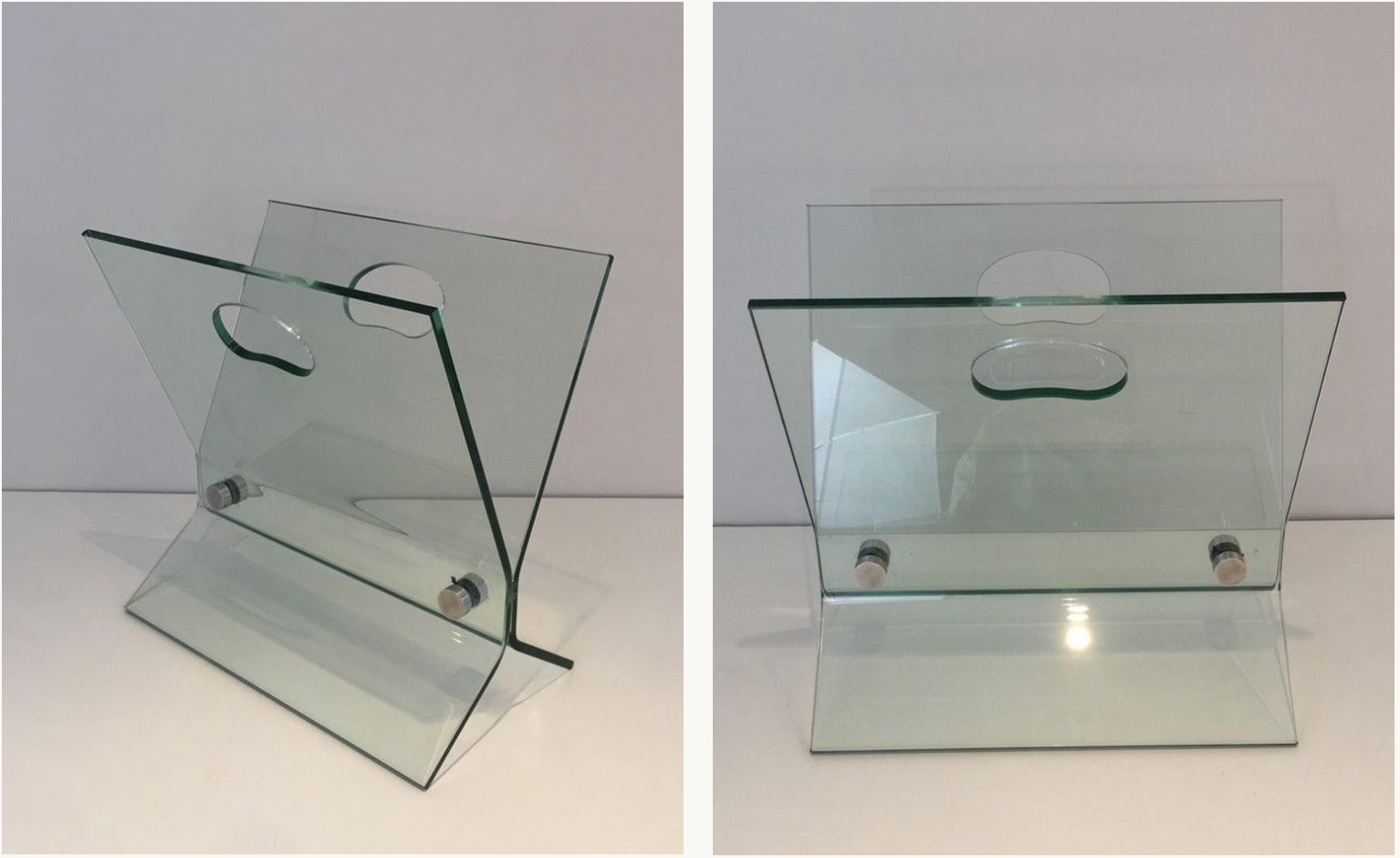 Design magazine holders in glass and brushed steel