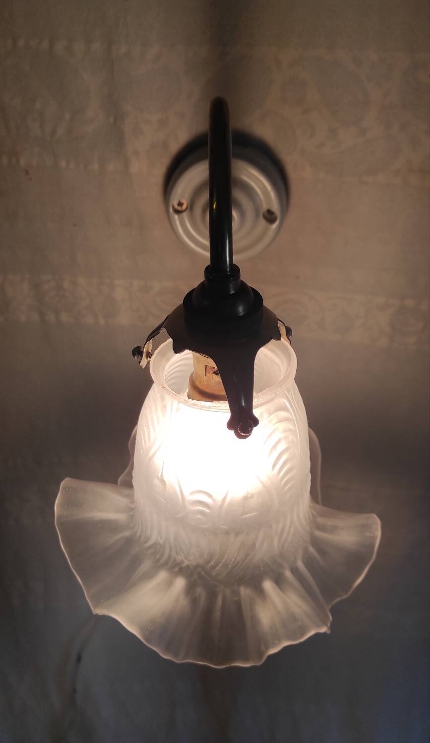 Swan neck wall light in brass, porcelain and glass - mid 20th century