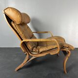 Fauteuil de salon suédois en cuir et bois courbé par Jan Bengstsson, années 1970