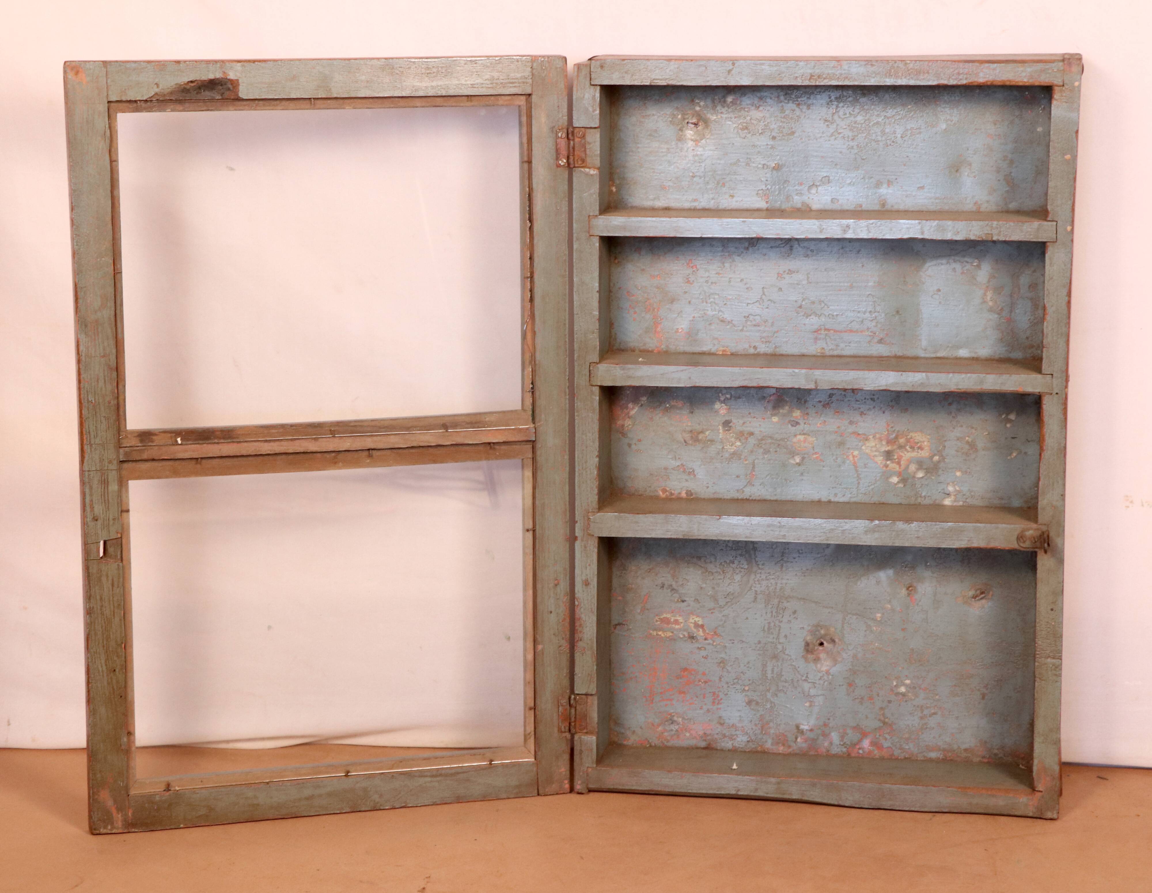 Old original grey-blue patina Burmese teak wall display case