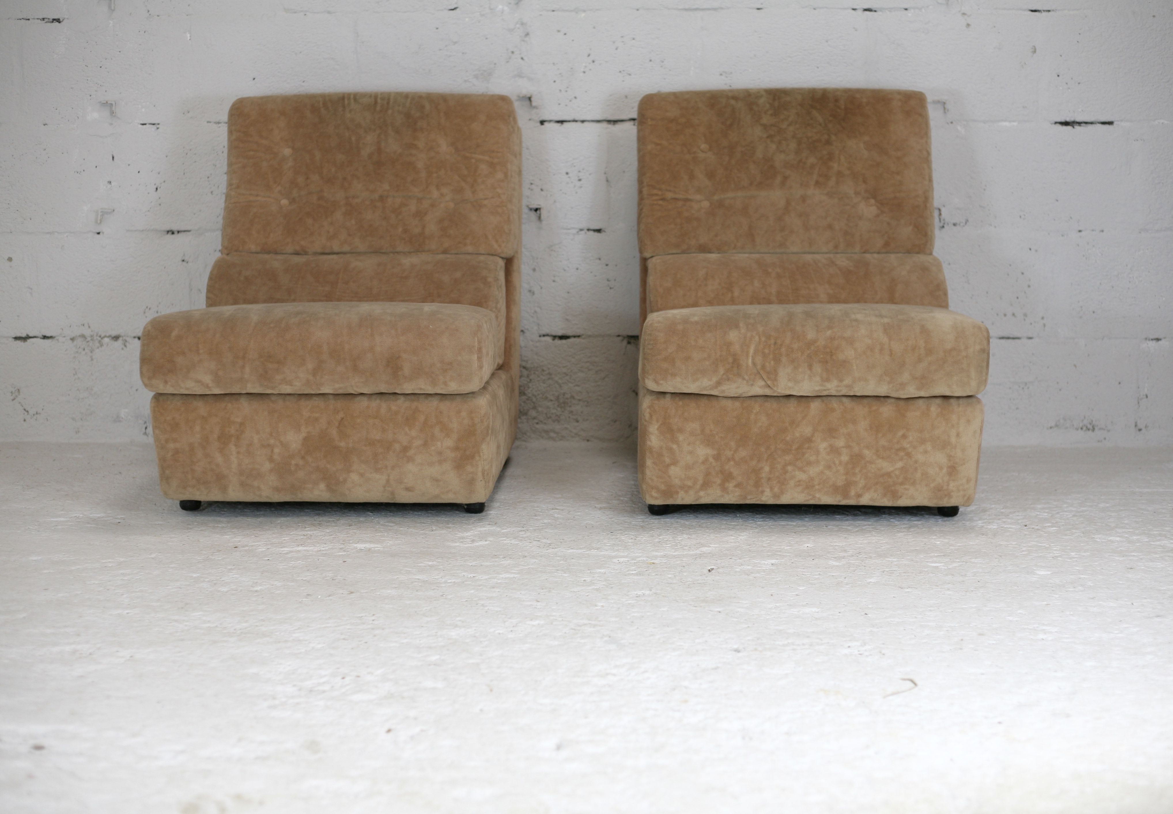Pair of armchairs "Space Age", foam and velvet "honey", France, circa 1970