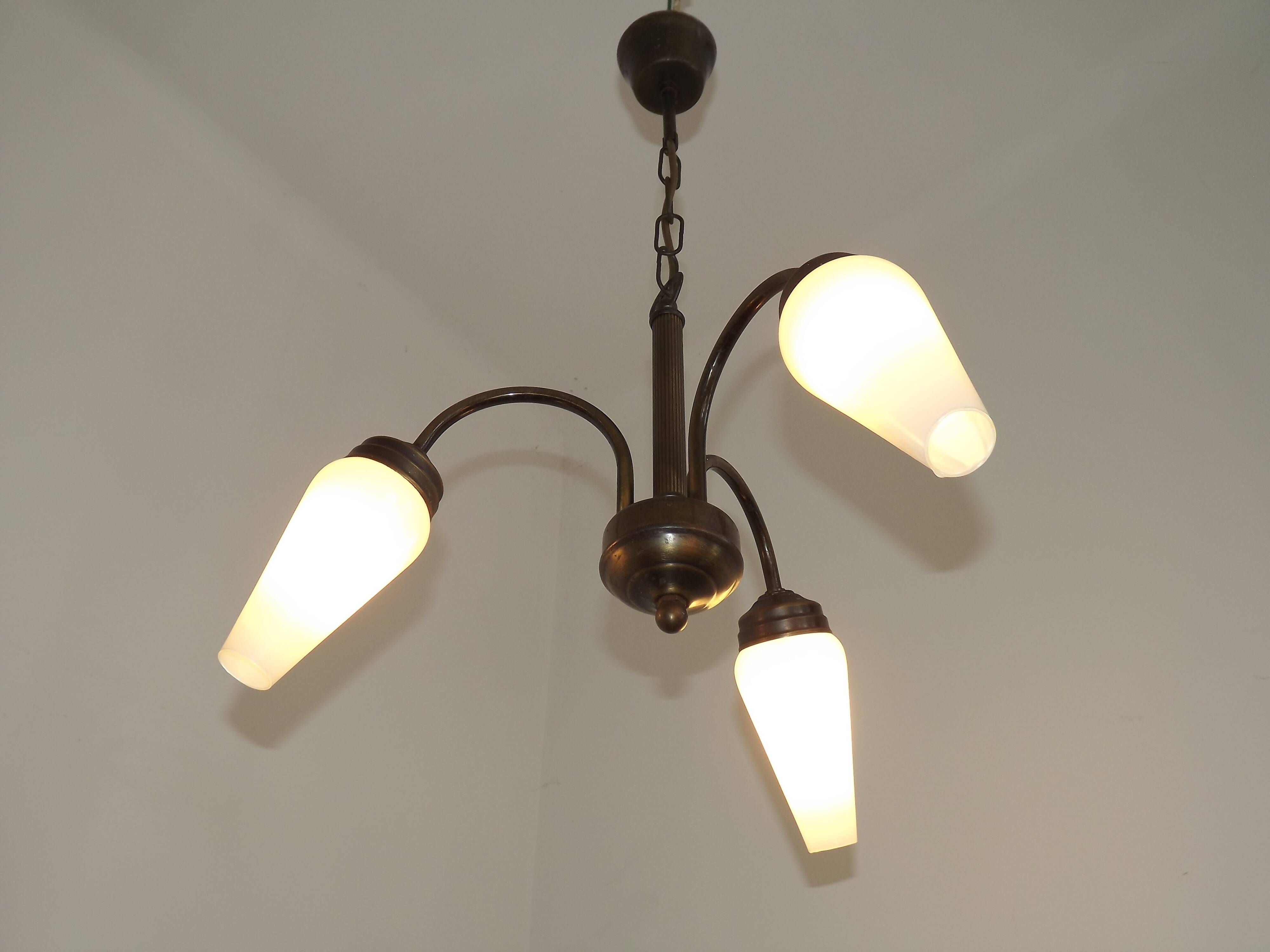 French Vintage Retro Bronze Effect Metal 3 Light Chandelier Glass Shade