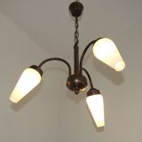 French Vintage Retro Bronze Effect Metal 3 Light Chandelier Glass Shade