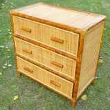 3-drawer chest vintage rattan and bamboo 1960-70