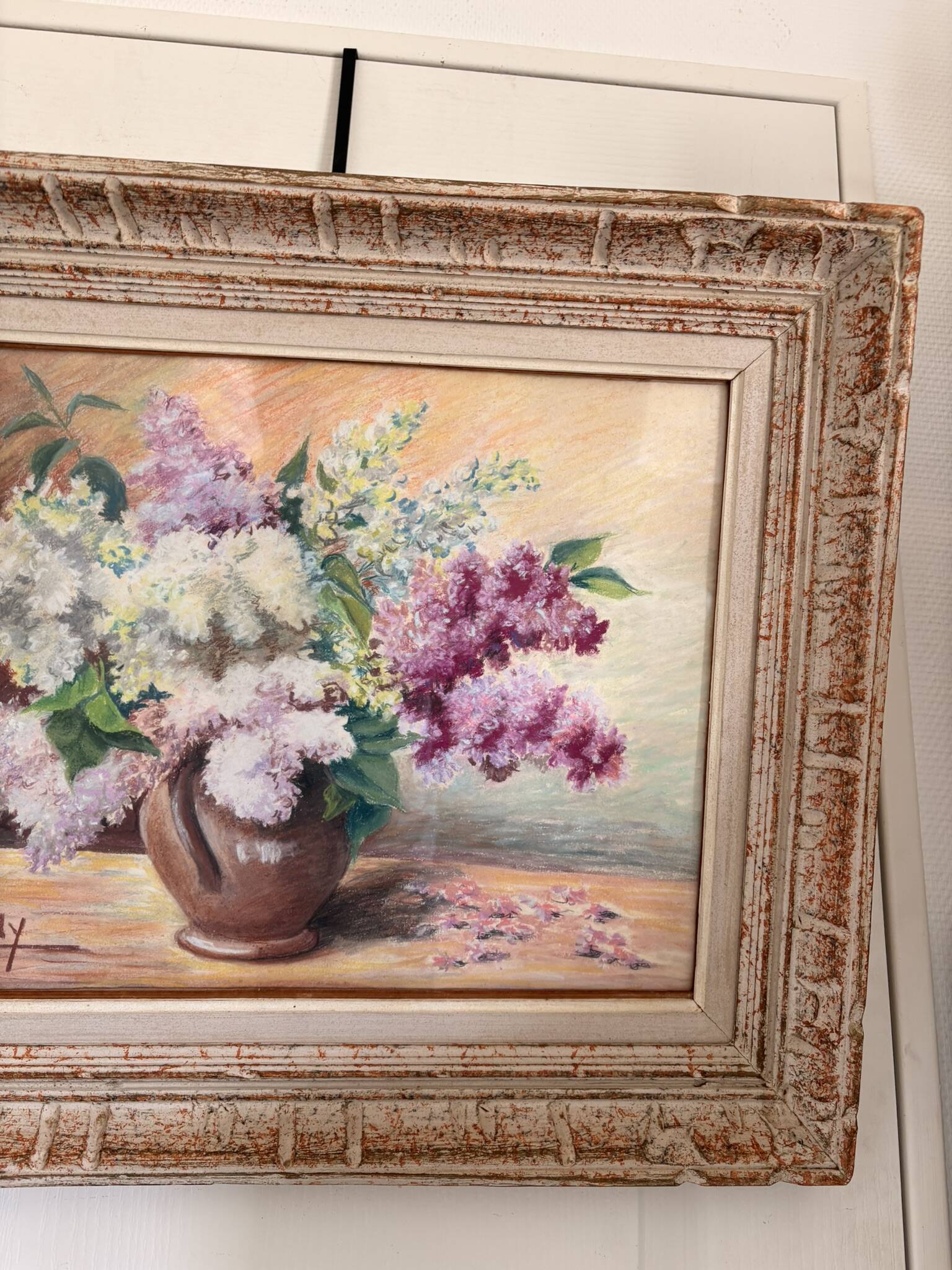 Tableau Drawing Pastel Still Life Lilac Bouquet Flowers Signed Lebailly Enc
