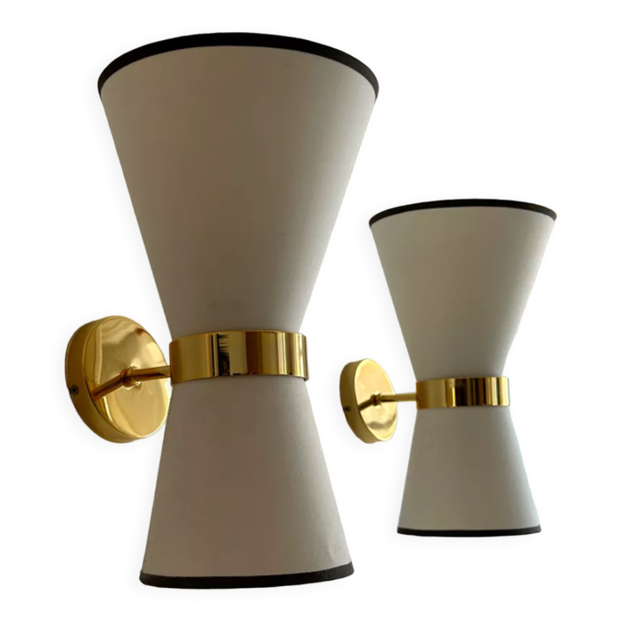 Pair of vintage wall lamps, solid brass and unbleached fabric, Italy 1980