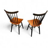 Set of 2 spindle back dining chairs, curved seating, teak wood seat, 1960s, Pastoe Holland, 1970s