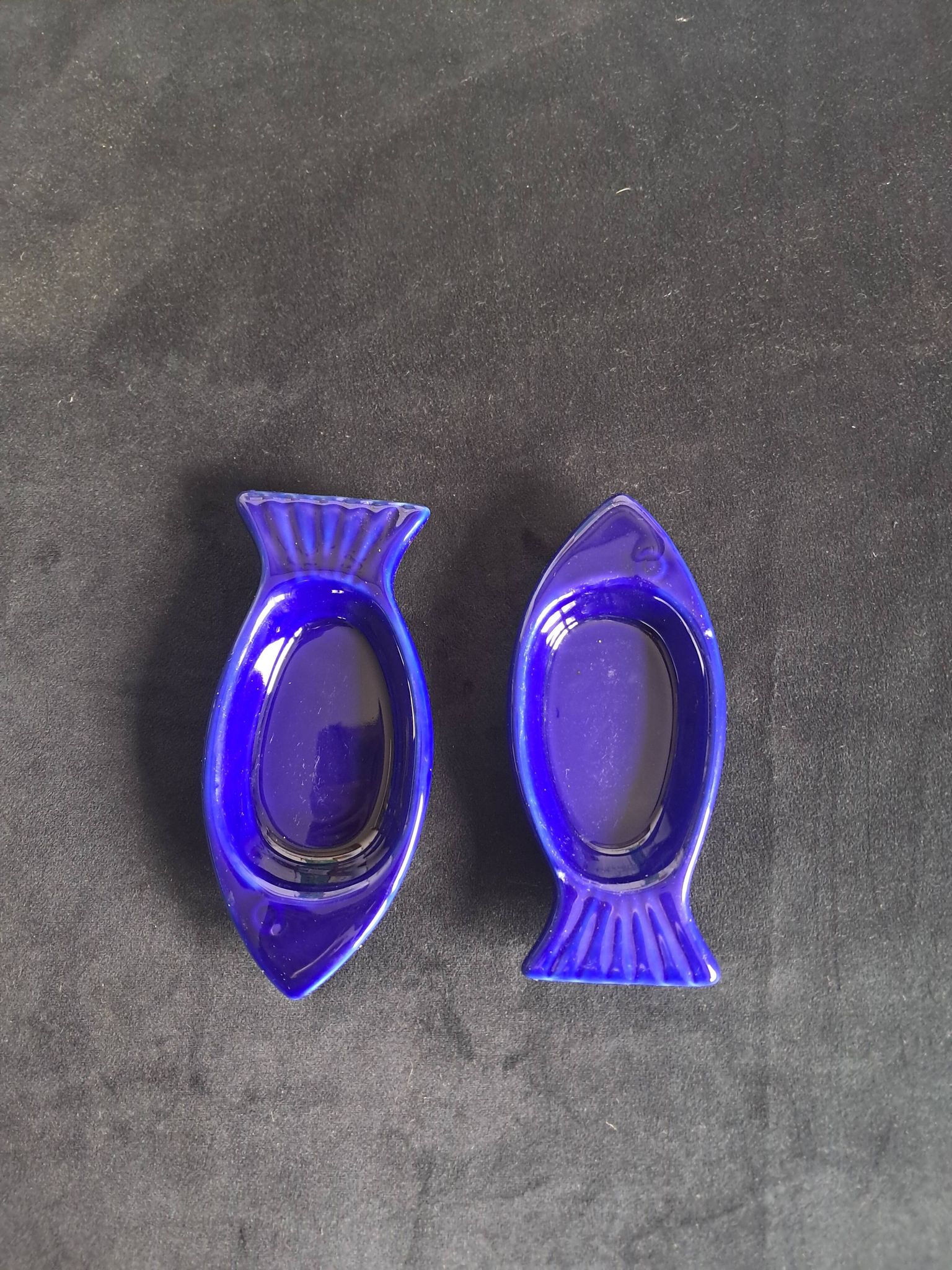 Cobalt blue ceramic plates in the shape of fish (tapas, anchovies, etc.)