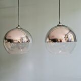 Pair of large Space Age pendant lights in clear glass and chrome, 1970s