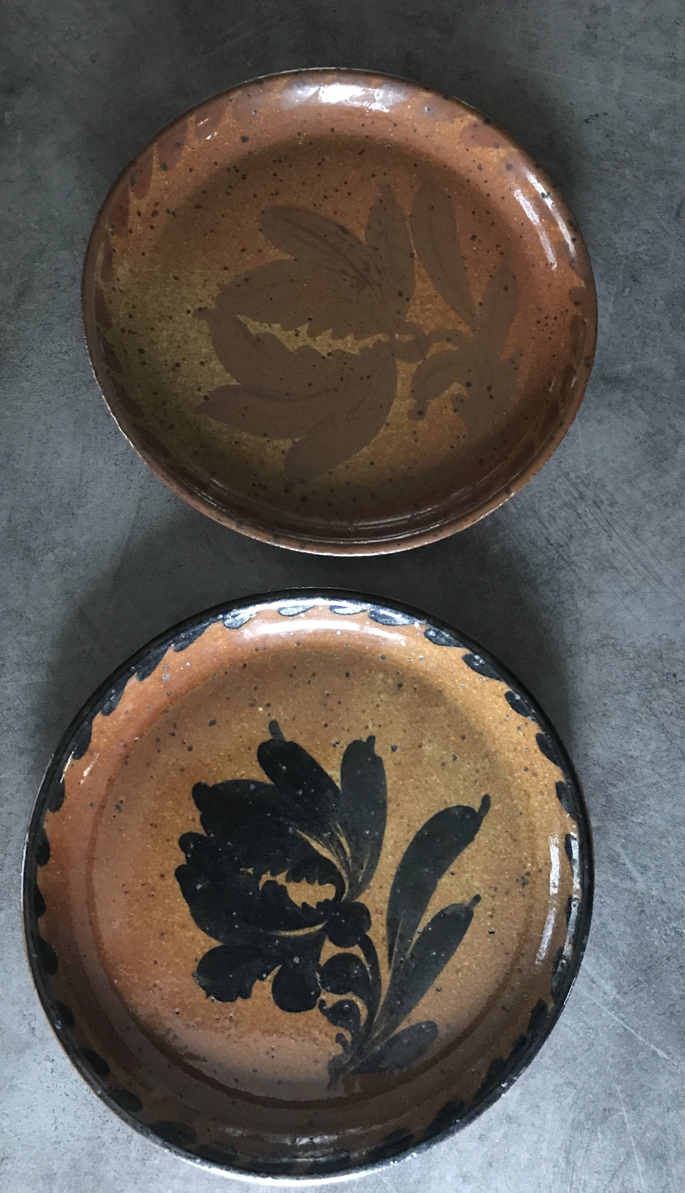 Set of 2 plates in pyrite stoneware with floral decoration h. siegfried, souffle