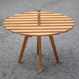 Vintage coffee table, wooden table with central handle, interior decoration, terrace, patio