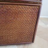 Vintage storage chest - curved - woven rattan - 1970s - mahogany colour