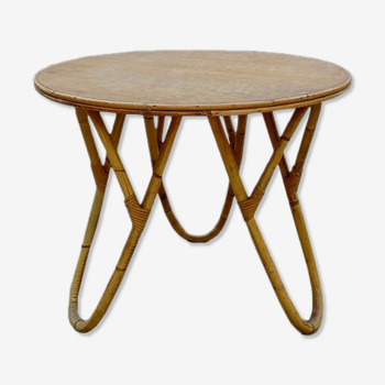 Round coffee table vintage rattan wood 1960