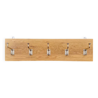 Vintage solid wood wall coat rack - 5 chrome-plated cast aluminum hooks