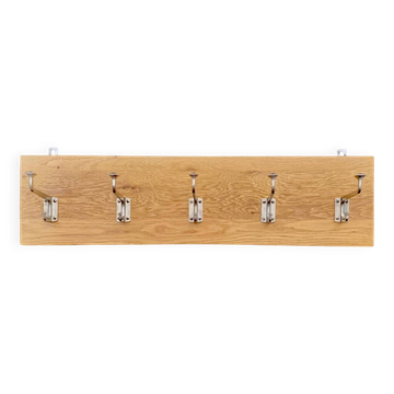 Vintage solid wood wall coat rack - 5 chrome-plated cast aluminum hooks
